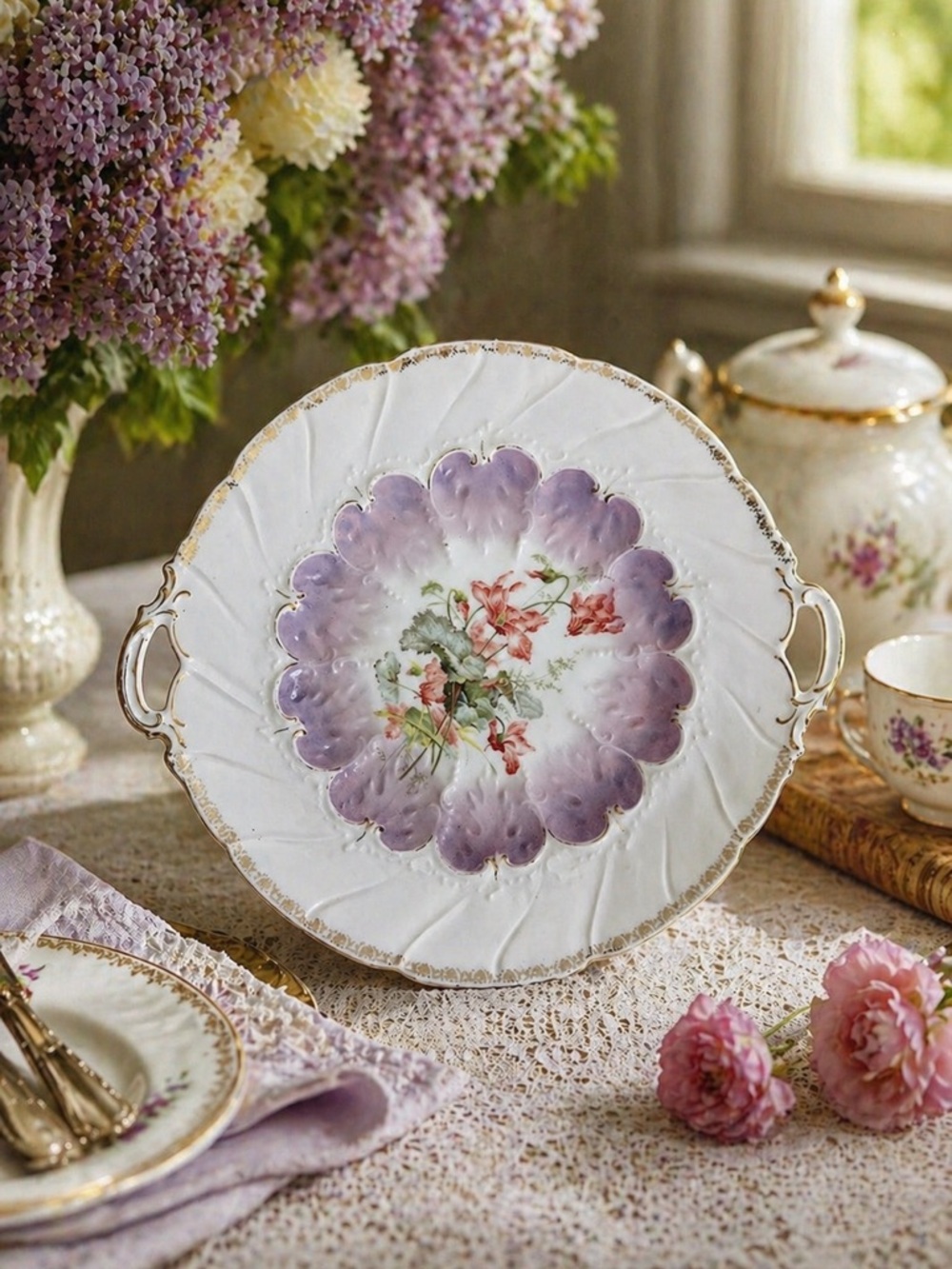 Antique KPM Germany Handled Cake Plate Lavender Gilt Floral 13.5”